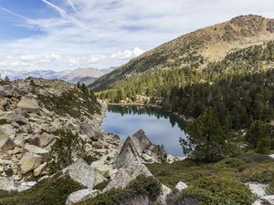 Preview wallpaper landscape, lake, stones, trees, forest, mountains, clouds