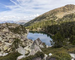 Preview wallpaper landscape, lake, stones, trees, forest, mountains, clouds