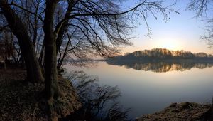 Preview wallpaper landscape, lake, trees, coast, reflection, evening, fog, silence, bushes