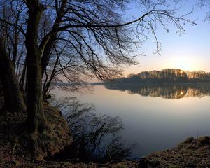 Preview wallpaper landscape, lake, trees, coast, reflection, evening, fog, silence, bushes