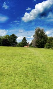 Preview wallpaper landscape, meadow, grass, trees, houses, nature