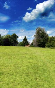 Preview wallpaper landscape, meadow, grass, trees, houses, nature