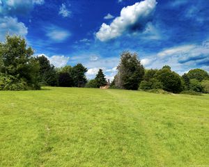 Preview wallpaper landscape, meadow, grass, trees, houses, nature
