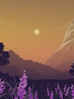 240x320 Wallpaper landscape, mountains, art, lavender, flowers, trees, sun
