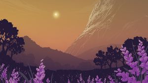 Preview wallpaper landscape, mountains, art, lavender, flowers, trees, sun