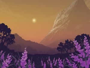 Preview wallpaper landscape, mountains, art, lavender, flowers, trees, sun