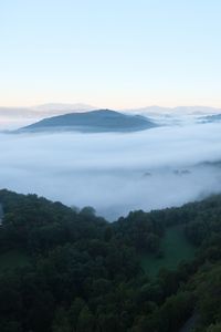 Preview wallpaper landscape, mountains, clouds, trees, nature, view