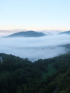 Preview wallpaper landscape, mountains, clouds, trees, nature, view