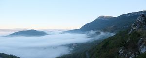 Preview wallpaper landscape, mountains, clouds, trees, nature, view