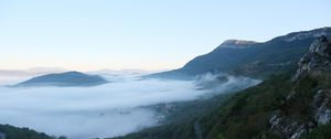 Preview wallpaper landscape, mountains, clouds, trees, nature, view