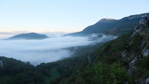 Preview wallpaper landscape, mountains, clouds, trees, nature, view