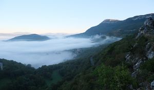 Preview wallpaper landscape, mountains, clouds, trees, nature, view