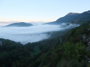 Preview wallpaper landscape, mountains, clouds, trees, nature, view