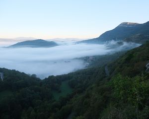 Preview wallpaper landscape, mountains, clouds, trees, nature, view