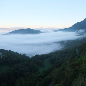 Preview wallpaper landscape, mountains, clouds, trees, nature, view