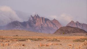 Preview wallpaper landscape, mountains, desert, rocks, fog, stones, nature