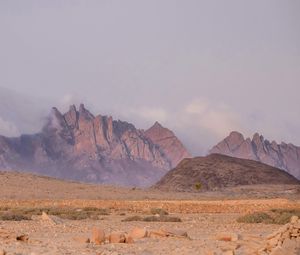 Preview wallpaper landscape, mountains, desert, rocks, fog, stones, nature