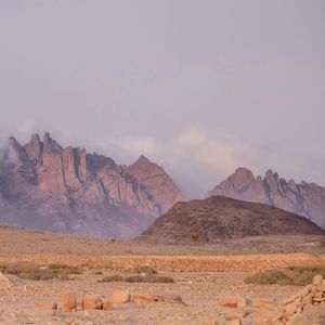 Preview wallpaper landscape, mountains, desert, rocks, fog, stones, nature