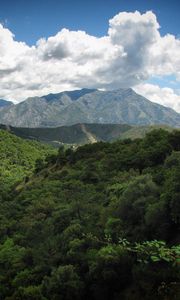 Preview wallpaper landscape, mountains, forest, trees, nature, clouds