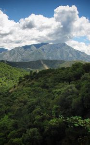 Preview wallpaper landscape, mountains, forest, trees, nature, clouds