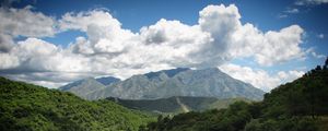 Preview wallpaper landscape, mountains, forest, trees, nature, clouds