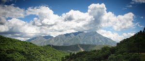Preview wallpaper landscape, mountains, forest, trees, nature, clouds