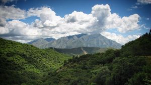 Preview wallpaper landscape, mountains, forest, trees, nature, clouds