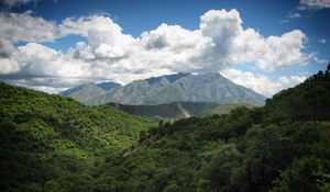 Preview wallpaper landscape, mountains, forest, trees, nature, clouds