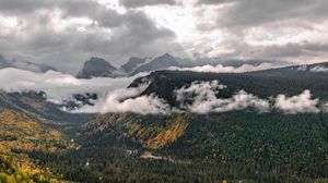 Preview wallpaper landscape, mountains, forest, trees, clouds, nature