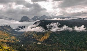 Preview wallpaper landscape, mountains, forest, trees, clouds, nature