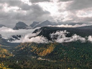 Preview wallpaper landscape, mountains, forest, trees, clouds, nature