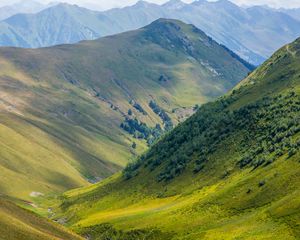 Preview wallpaper landscape, mountains, hills, valley, grass