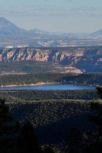 Preview wallpaper landscape, mountains, lake, trees, forest, aerial view