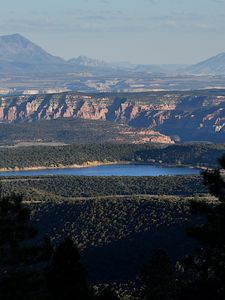 Preview wallpaper landscape, mountains, lake, trees, forest, aerial view