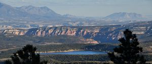 Preview wallpaper landscape, mountains, lake, trees, forest, aerial view