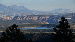 Preview wallpaper landscape, mountains, lake, trees, forest, aerial view