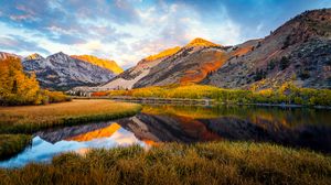 Preview wallpaper landscape, mountains, lake, forest, autumn, sky, clouds, nature