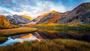 Preview wallpaper landscape, mountains, lake, forest, autumn, sky, clouds, nature