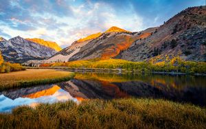 Preview wallpaper landscape, mountains, lake, forest, autumn, sky, clouds, nature
