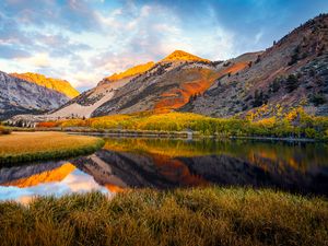 Preview wallpaper landscape, mountains, lake, forest, autumn, sky, clouds, nature