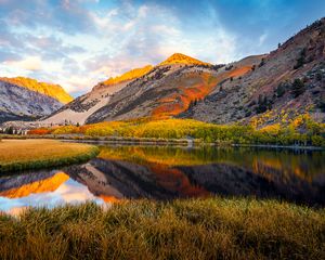 Preview wallpaper landscape, mountains, lake, forest, autumn, sky, clouds, nature