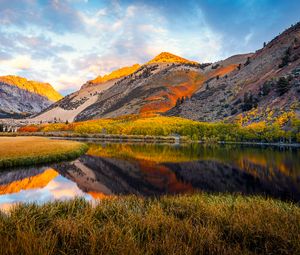 Preview wallpaper landscape, mountains, lake, forest, autumn, sky, clouds, nature