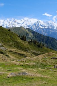 Preview wallpaper landscape, mountains, peaks, snow, grass, nature