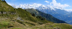 Preview wallpaper landscape, mountains, peaks, snow, grass, nature