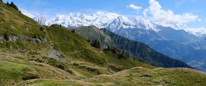 Preview wallpaper landscape, mountains, peaks, snow, grass, nature