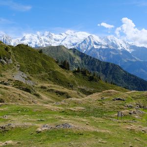 Preview wallpaper landscape, mountains, peaks, snow, grass, nature