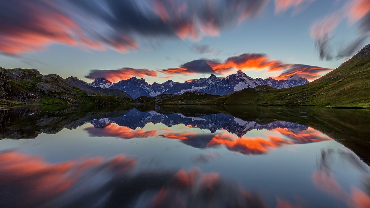 Wallpaper landscape, mountains, reflection, lake, nature, clouds