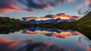 Preview wallpaper landscape, mountains, reflection, lake, nature, clouds