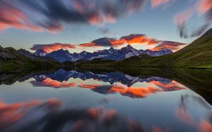 Preview wallpaper landscape, mountains, reflection, lake, nature, clouds