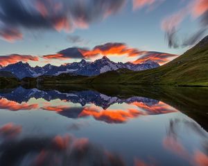 Preview wallpaper landscape, mountains, reflection, lake, nature, clouds